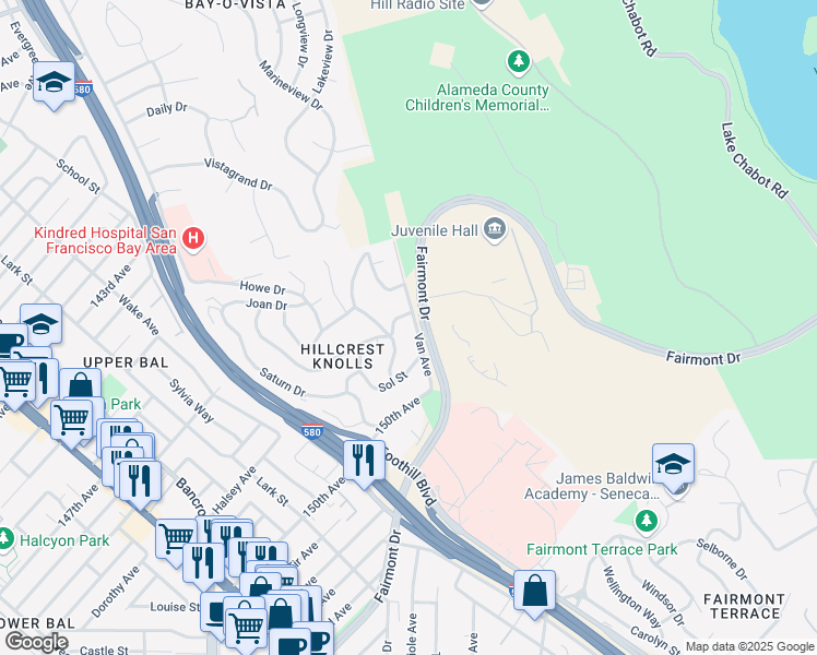 map of restaurants, bars, coffee shops, grocery stores, and more near 14815 Van Avenue in San Leandro