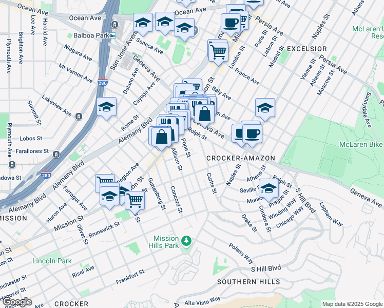 map of restaurants, bars, coffee shops, grocery stores, and more near 30 Curtis Street in San Francisco