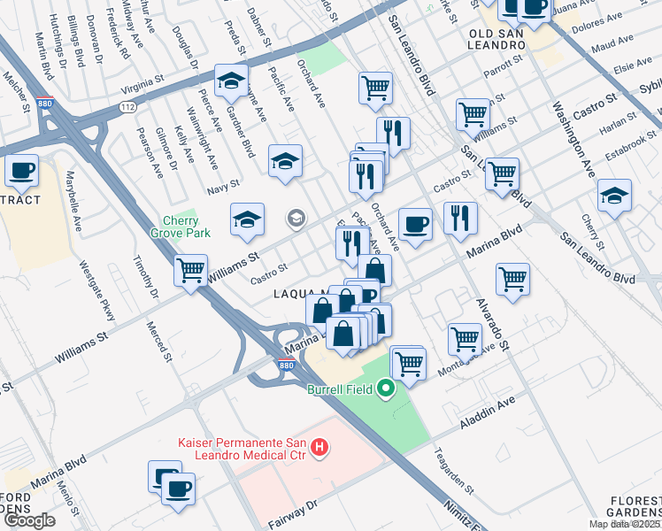 map of restaurants, bars, coffee shops, grocery stores, and more near 1235 Castro Street in San Leandro