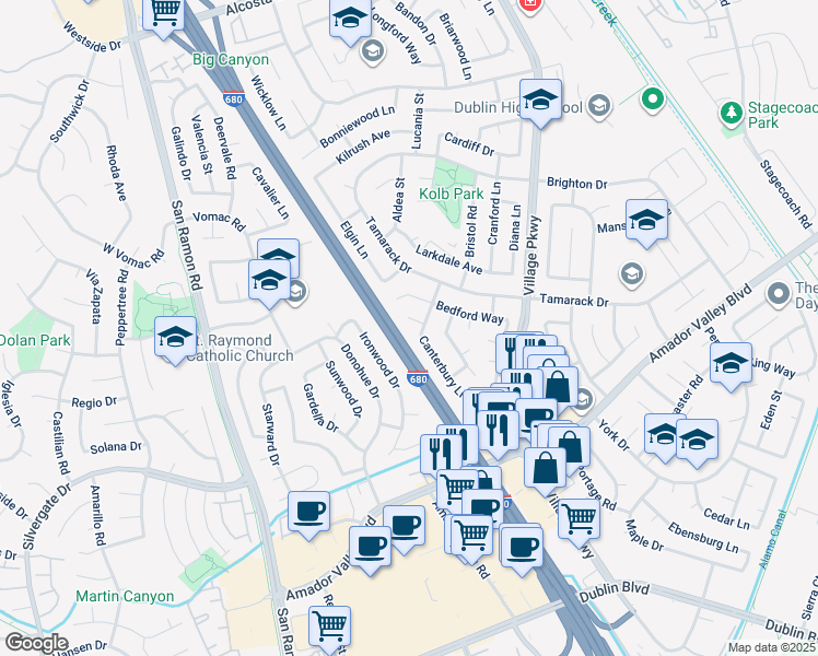 map of restaurants, bars, coffee shops, grocery stores, and more near 7800 Mayan Court in Dublin