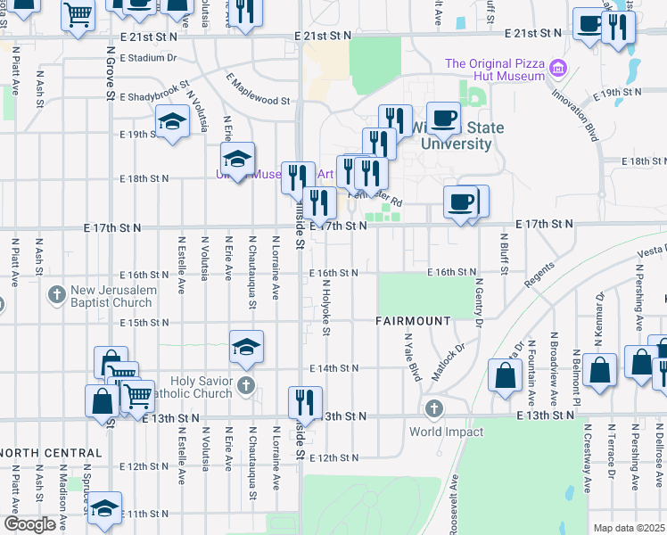 map of restaurants, bars, coffee shops, grocery stores, and more near 1704 North Holyoke Street in Wichita