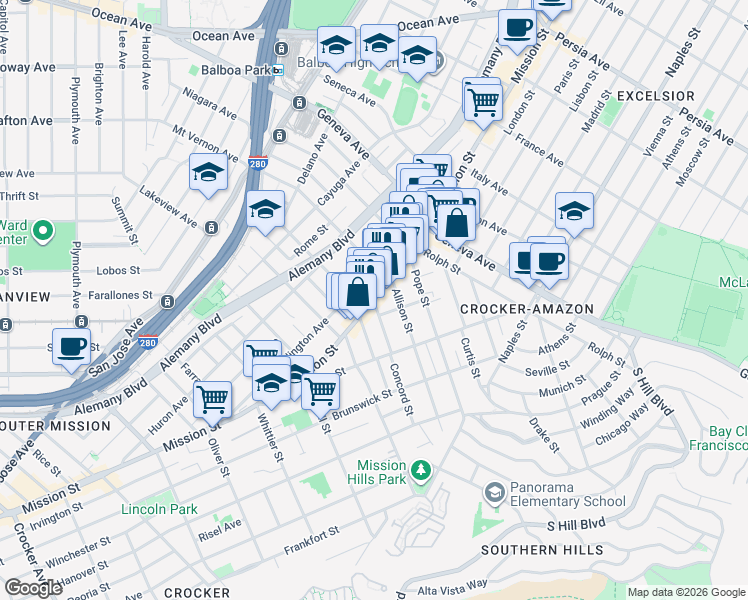 map of restaurants, bars, coffee shops, grocery stores, and more near Mission St & Concord St in San Francisco