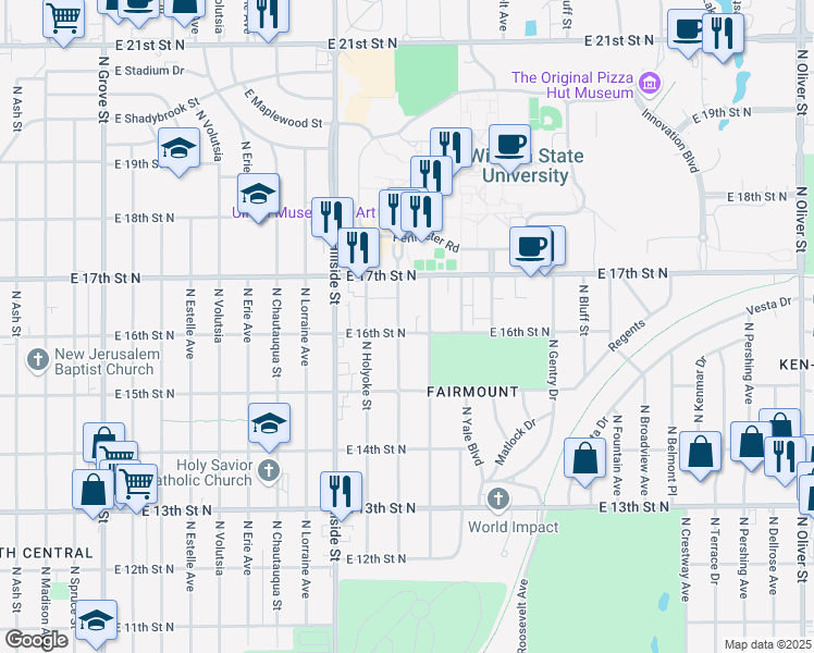 map of restaurants, bars, coffee shops, grocery stores, and more near 1702 Fairmount Street in Wichita
