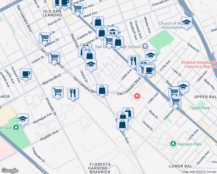 map of restaurants, bars, coffee shops, grocery stores, and more near 2470 Washington Avenue in San Leandro