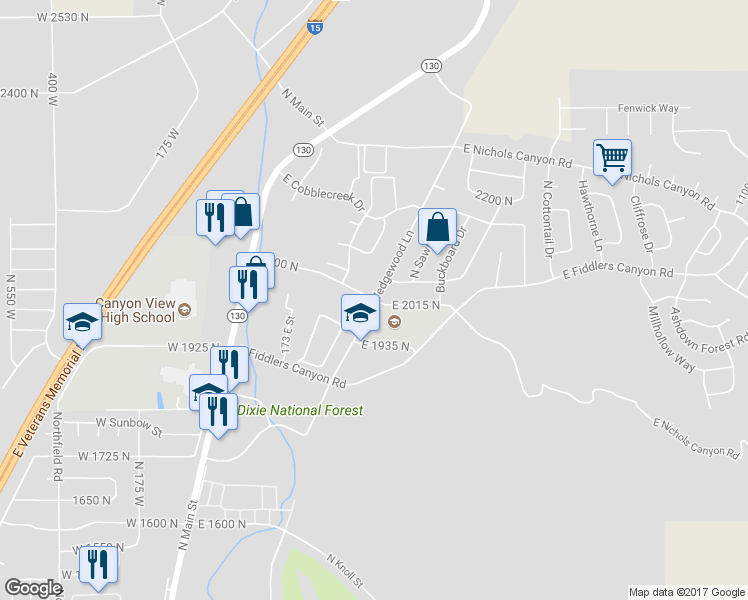 map of restaurants, bars, coffee shops, grocery stores, and more near 2014 North Wedgewood Lane in Cedar City
