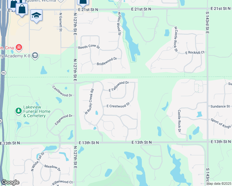 map of restaurants, bars, coffee shops, grocery stores, and more near 13327 Tallowood Court in Wichita