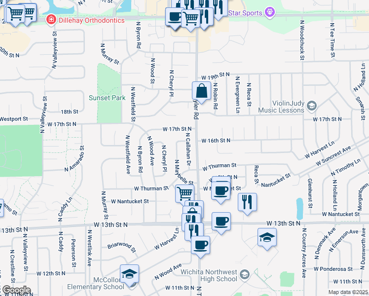 map of restaurants, bars, coffee shops, grocery stores, and more near 1741 N Maybelle St in Wichita
