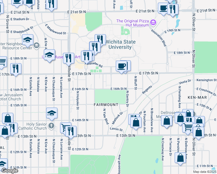 map of restaurants, bars, coffee shops, grocery stores, and more near 1709 North Harvard Avenue in Wichita