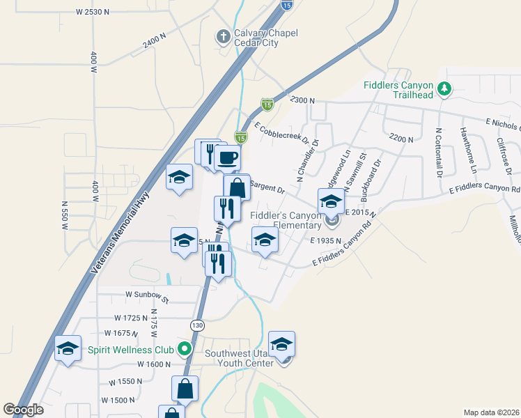 map of restaurants, bars, coffee shops, grocery stores, and more near 173 East Fiddlers Canyon Road in Cedar City