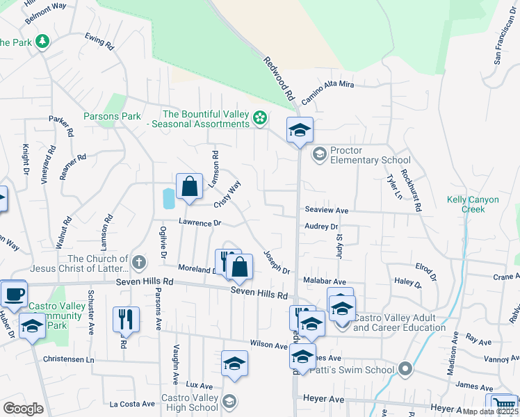 map of restaurants, bars, coffee shops, grocery stores, and more near 4633 Lockridge Way in Castro Valley