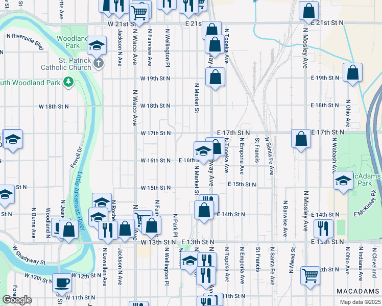 map of restaurants, bars, coffee shops, grocery stores, and more near 1711 North Market Street in Wichita