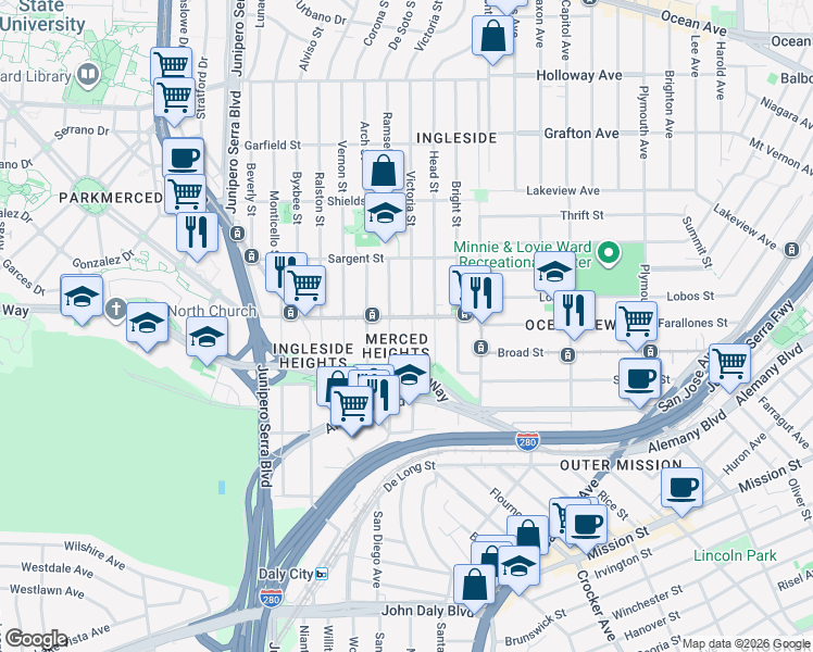 map of restaurants, bars, coffee shops, grocery stores, and more near 183 Victoria Street in San Francisco