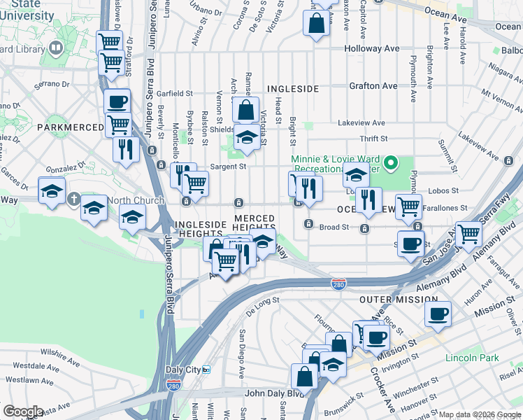 map of restaurants, bars, coffee shops, grocery stores, and more near 183 Victoria Street in San Francisco