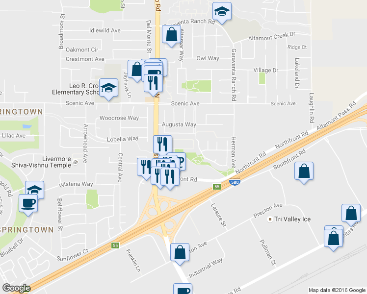 map of restaurants, bars, coffee shops, grocery stores, and more near 6464 Forget Me Not in Livermore