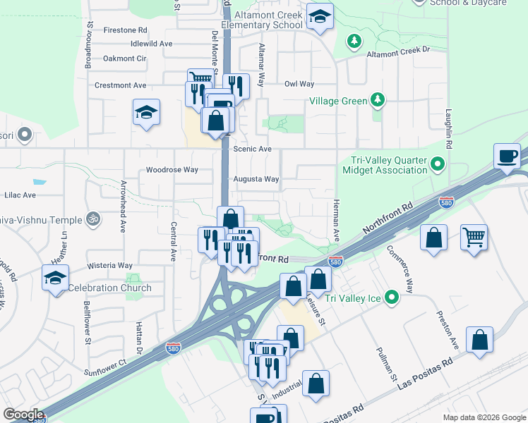 map of restaurants, bars, coffee shops, grocery stores, and more near 6464 Forget Me Not in Livermore