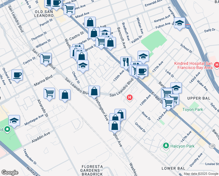 map of restaurants, bars, coffee shops, grocery stores, and more near 13485 Rose Drive in San Leandro