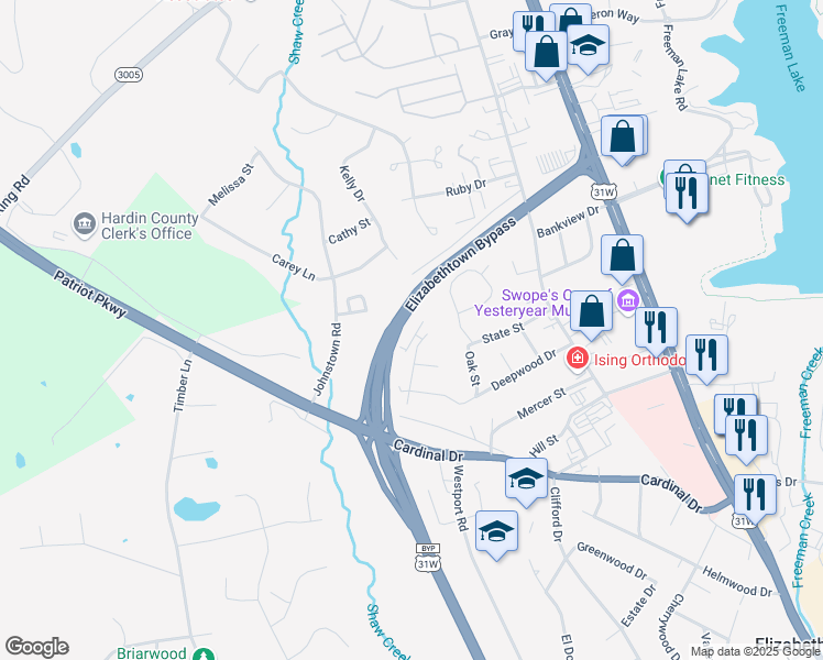 map of restaurants, bars, coffee shops, grocery stores, and more near 118 Edgewood Drive in Elizabethtown
