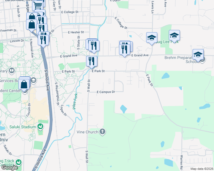 map of restaurants, bars, coffee shops, grocery stores, and more near 612 East Campus Drive in Carbondale