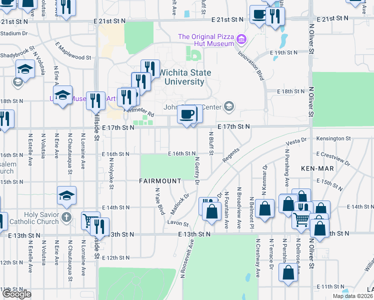 map of restaurants, bars, coffee shops, grocery stores, and more near 1725 North Roosevelt Street in Wichita