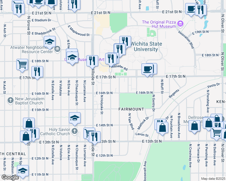 map of restaurants, bars, coffee shops, grocery stores, and more near 1717 North Vassar in Wichita