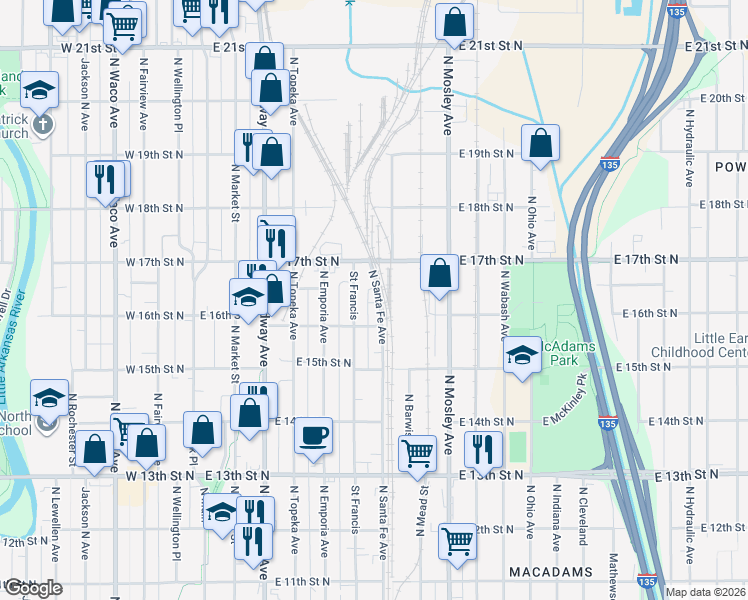 map of restaurants, bars, coffee shops, grocery stores, and more near 1732-1798 N Santa Fe Ave in Wichita