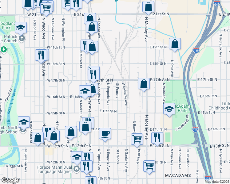 map of restaurants, bars, coffee shops, grocery stores, and more near 1701-1799 St Francis N in Wichita