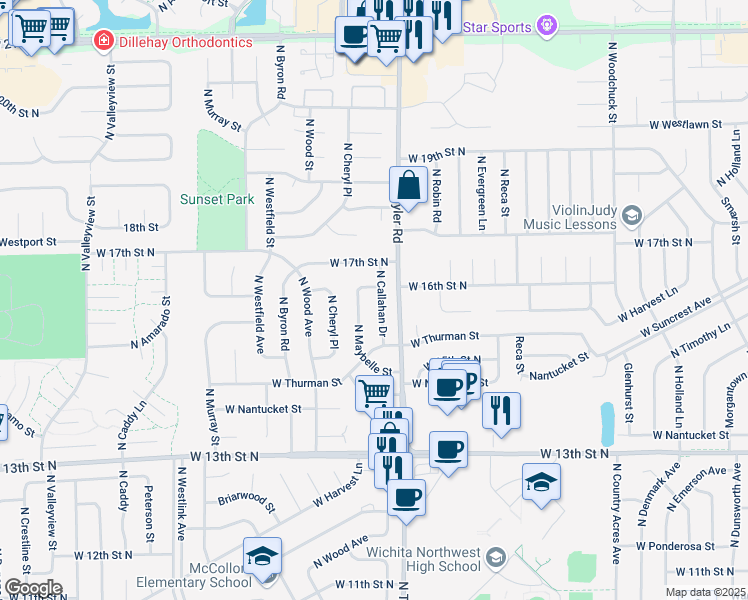 map of restaurants, bars, coffee shops, grocery stores, and more near 1741 N Maybelle St in Wichita
