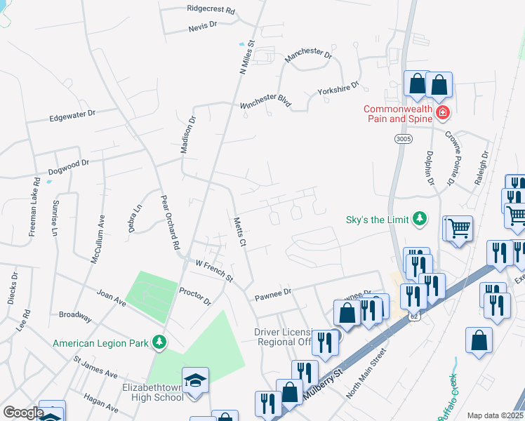 map of restaurants, bars, coffee shops, grocery stores, and more near 900 David Court in Elizabethtown