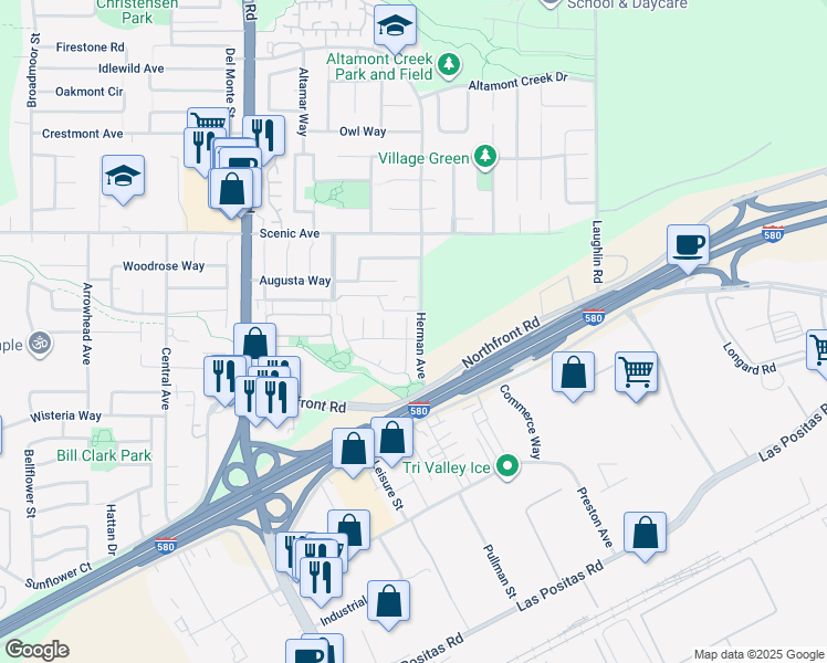 map of restaurants, bars, coffee shops, grocery stores, and more near 829 Berryessa Court in Livermore