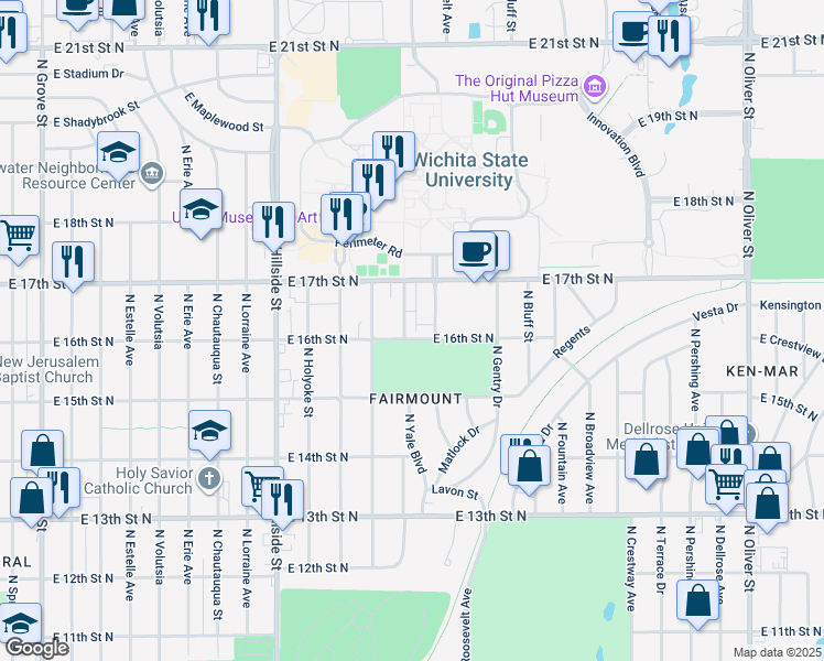 map of restaurants, bars, coffee shops, grocery stores, and more near 1710 North Yale Avenue in Wichita