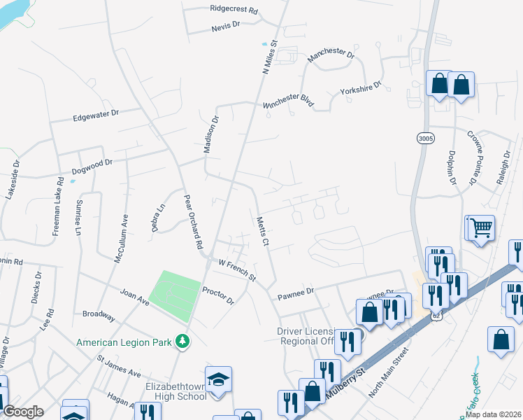 map of restaurants, bars, coffee shops, grocery stores, and more near 900 David Court in Elizabethtown