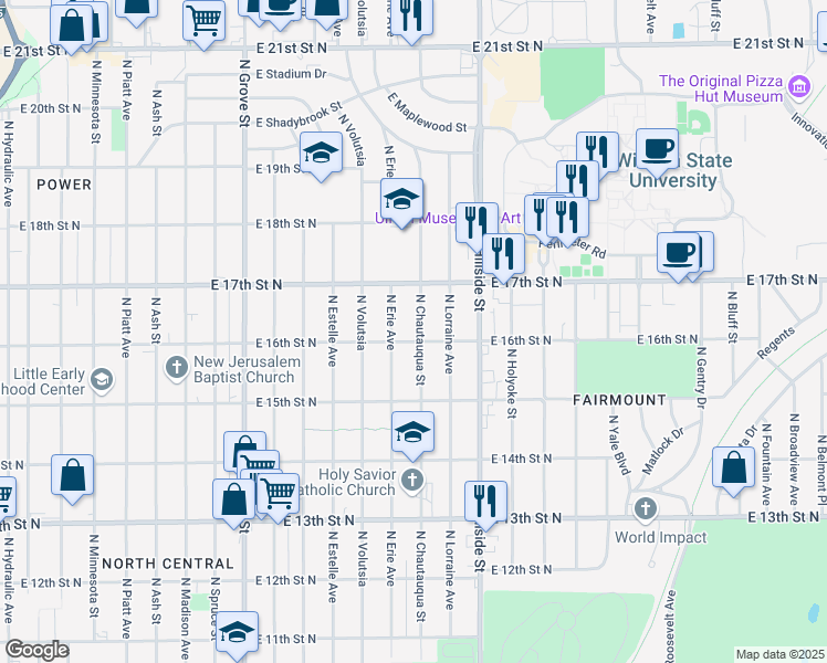 map of restaurants, bars, coffee shops, grocery stores, and more near 1709 North Chautauqua Street in Wichita