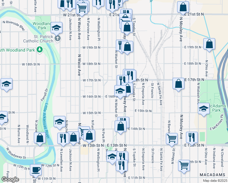 map of restaurants, bars, coffee shops, grocery stores, and more near 1711 North Market Street in Wichita