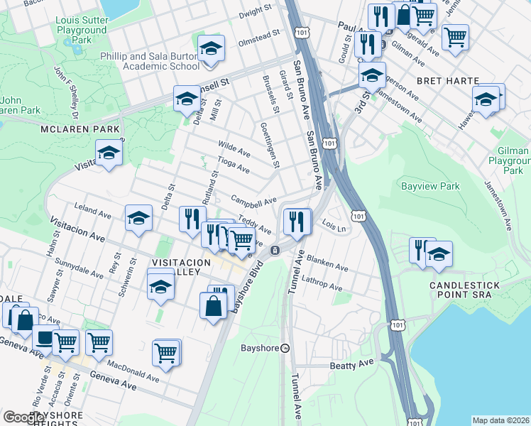 map of restaurants, bars, coffee shops, grocery stores, and more near 325 Campbell Avenue in San Francisco