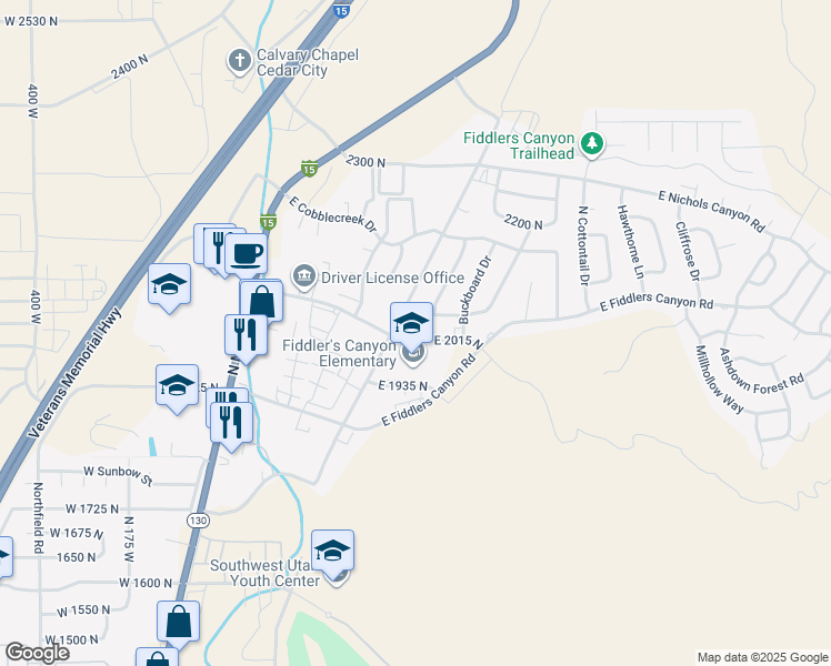 map of restaurants, bars, coffee shops, grocery stores, and more near 495 East 2015 North in Cedar City