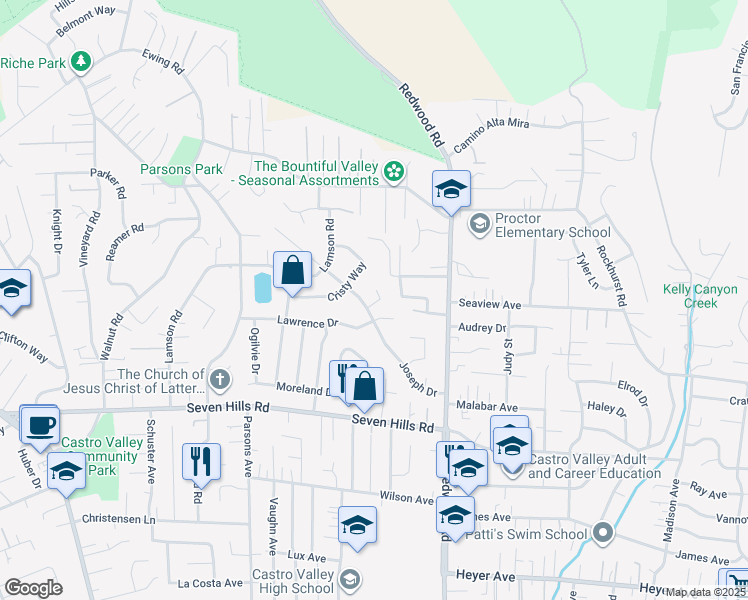 map of restaurants, bars, coffee shops, grocery stores, and more near 18064 Joseph Drive in Castro Valley