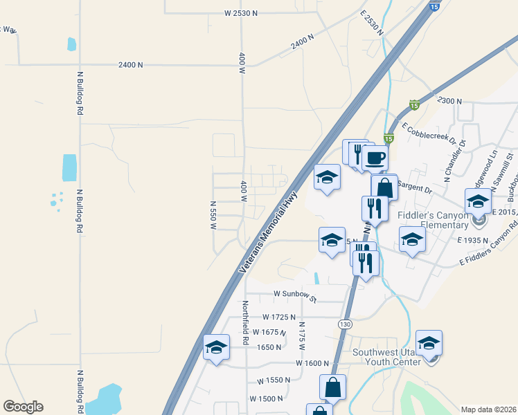 map of restaurants, bars, coffee shops, grocery stores, and more near 418 West 2050 North in Cedar City