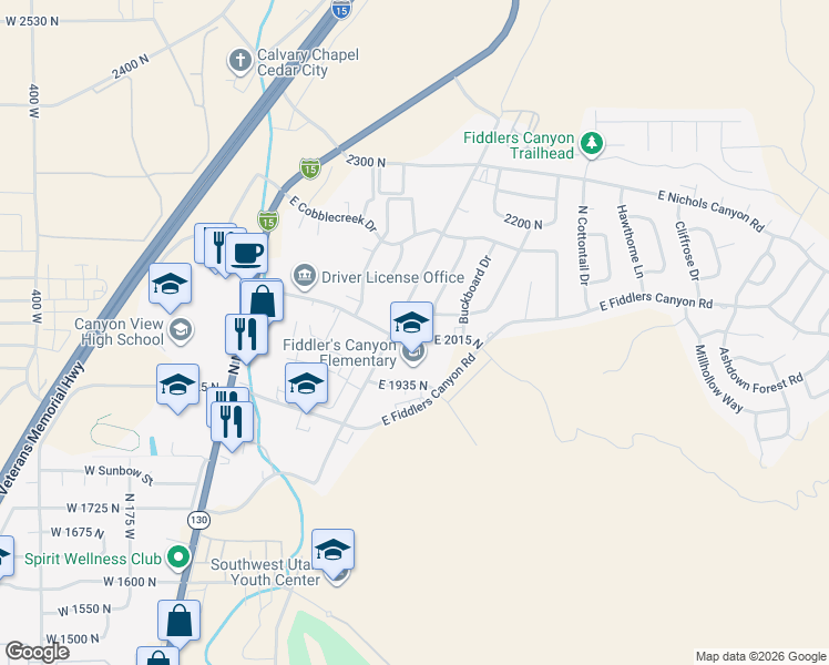 map of restaurants, bars, coffee shops, grocery stores, and more near 508 East Wagon Trail Drive in Cedar City