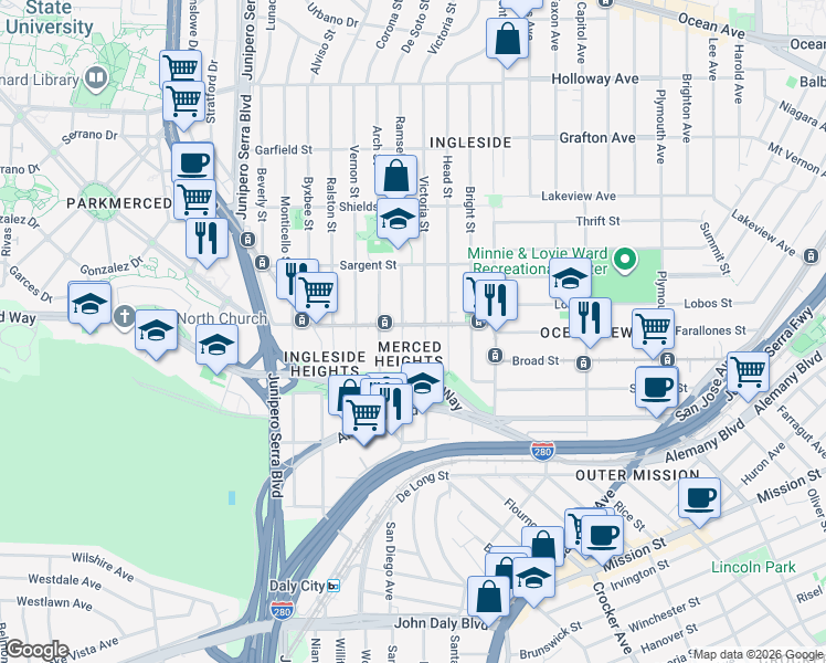 map of restaurants, bars, coffee shops, grocery stores, and more near 314 Randolph Street in San Francisco