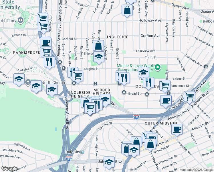 map of restaurants, bars, coffee shops, grocery stores, and more near 401-409 Head Street in San Francisco