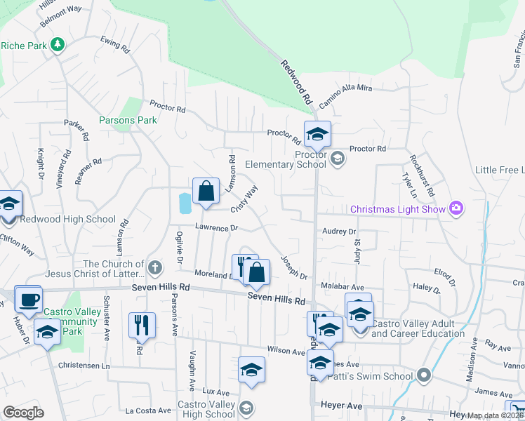 map of restaurants, bars, coffee shops, grocery stores, and more near 18064 Joseph Drive in Castro Valley