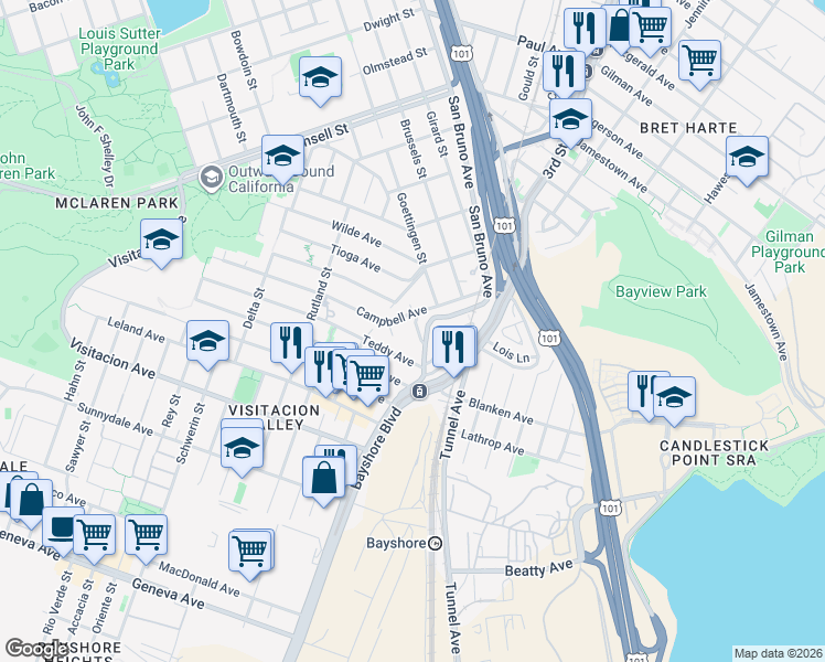 map of restaurants, bars, coffee shops, grocery stores, and more near 325 Campbell Avenue in San Francisco