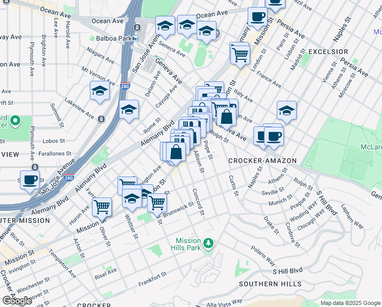 map of restaurants, bars, coffee shops, grocery stores, and more near 137 Ellington Avenue in San Francisco
