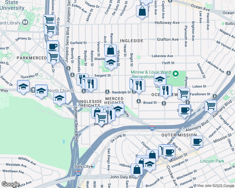 map of restaurants, bars, coffee shops, grocery stores, and more near 314 Randolph Street in San Francisco