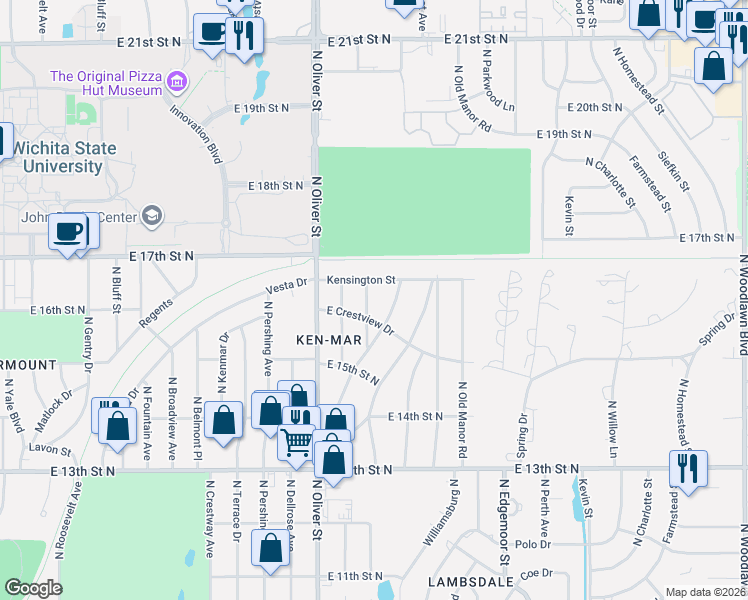 map of restaurants, bars, coffee shops, grocery stores, and more near 1732 Harding St in Wichita