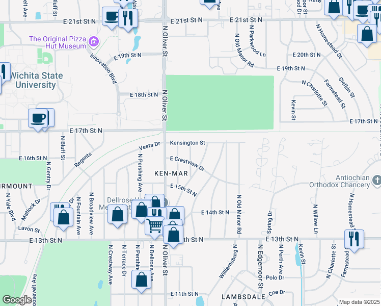 map of restaurants, bars, coffee shops, grocery stores, and more near 1732 Harding St in Wichita
