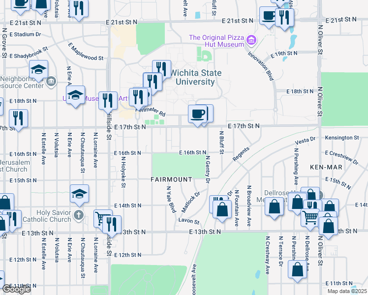 map of restaurants, bars, coffee shops, grocery stores, and more near 1727 North Harvard Avenue in Wichita