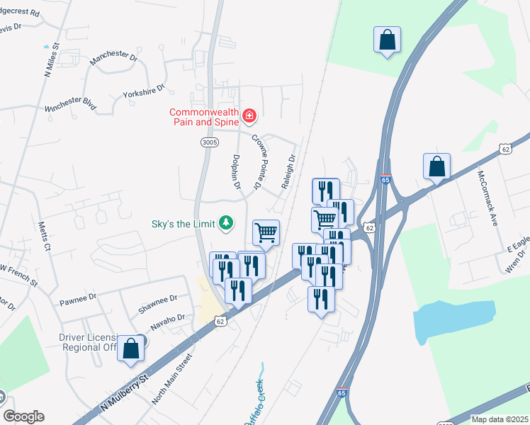 map of restaurants, bars, coffee shops, grocery stores, and more near Sterling Way in Elizabethtown
