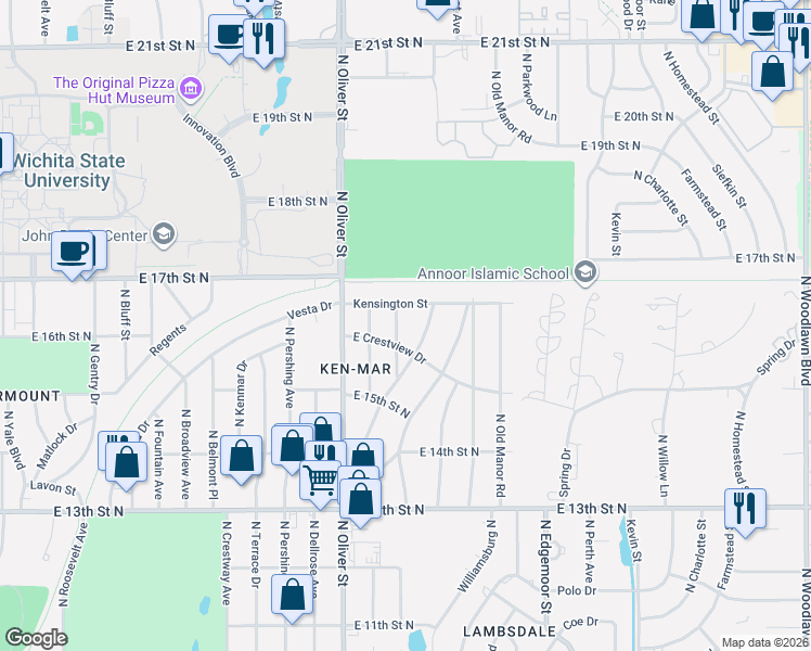 map of restaurants, bars, coffee shops, grocery stores, and more near 1732 Harding St in Wichita