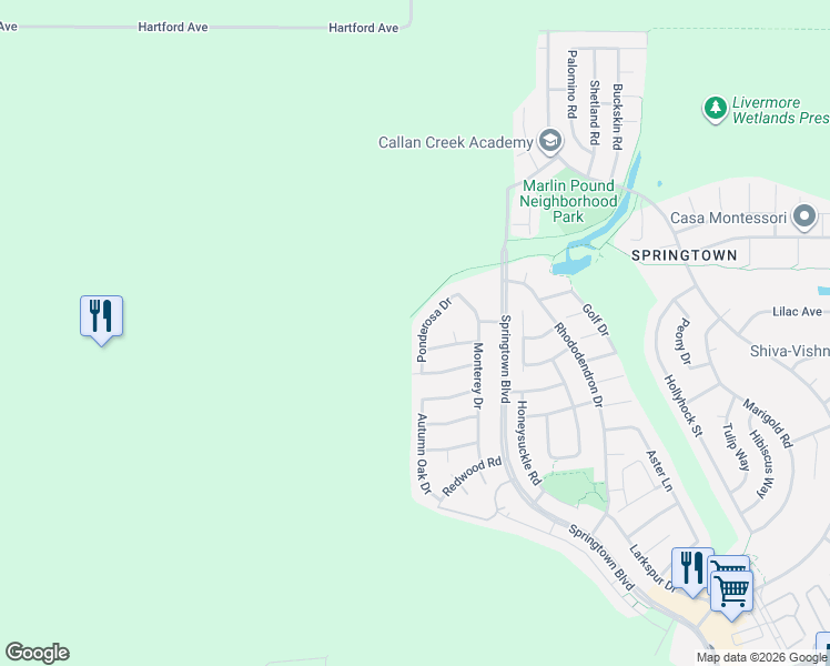 map of restaurants, bars, coffee shops, grocery stores, and more near 2090 Ponderosa Drive in Livermore